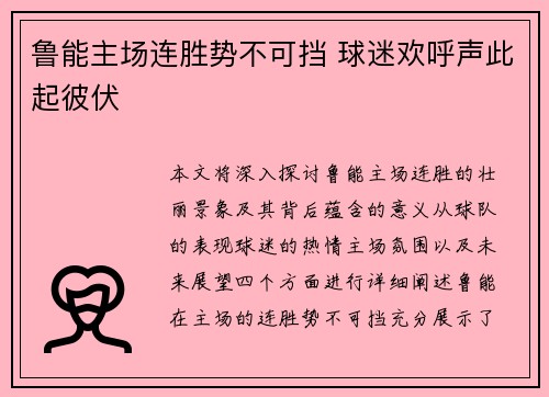 鲁能主场连胜势不可挡 球迷欢呼声此起彼伏