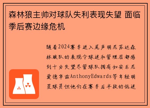 森林狼主帅对球队失利表现失望 面临季后赛边缘危机