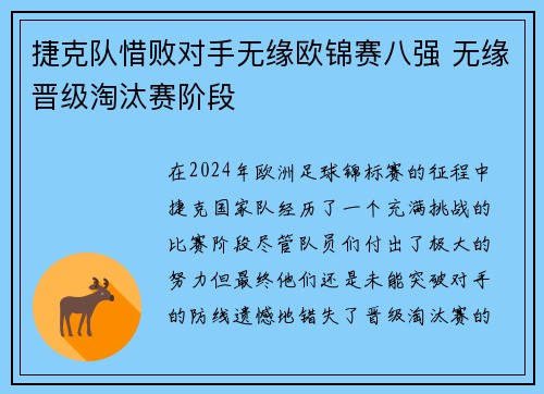 捷克队惜败对手无缘欧锦赛八强 无缘晋级淘汰赛阶段