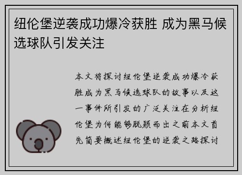 纽伦堡逆袭成功爆冷获胜 成为黑马候选球队引发关注