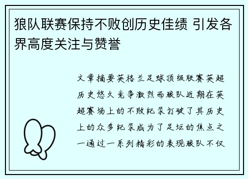 狼队联赛保持不败创历史佳绩 引发各界高度关注与赞誉