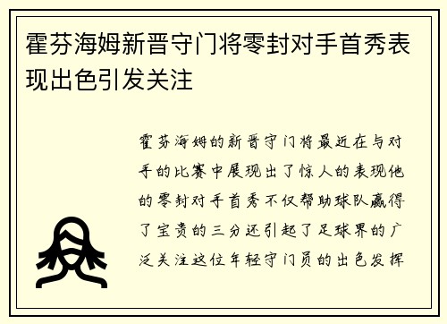 霍芬海姆新晋守门将零封对手首秀表现出色引发关注