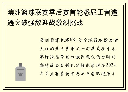 澳洲篮球联赛季后赛首轮悉尼王者遭遇突破强敌迎战激烈挑战