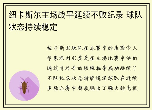 纽卡斯尔主场战平延续不败纪录 球队状态持续稳定