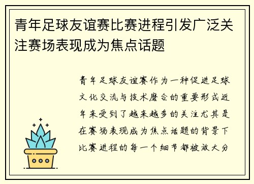 青年足球友谊赛比赛进程引发广泛关注赛场表现成为焦点话题