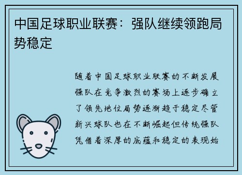 中国足球职业联赛：强队继续领跑局势稳定