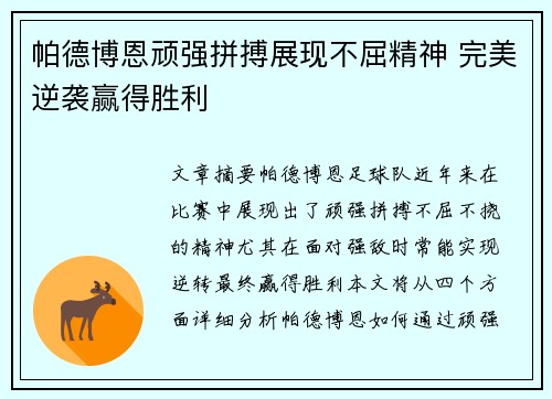 帕德博恩顽强拼搏展现不屈精神 完美逆袭赢得胜利