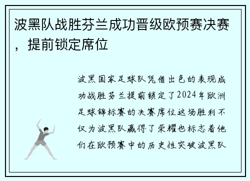 波黑队战胜芬兰成功晋级欧预赛决赛，提前锁定席位