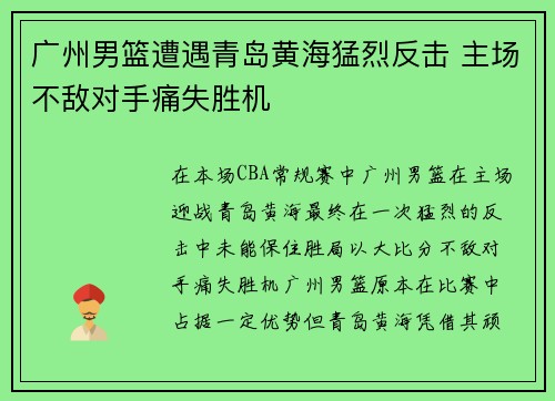 广州男篮遭遇青岛黄海猛烈反击 主场不敌对手痛失胜机