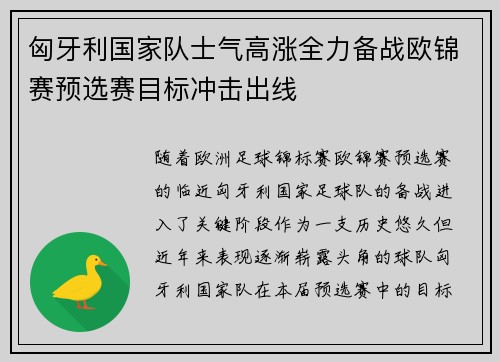 匈牙利国家队士气高涨全力备战欧锦赛预选赛目标冲击出线