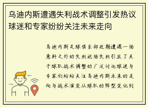乌迪内斯遭遇失利战术调整引发热议球迷和专家纷纷关注未来走向