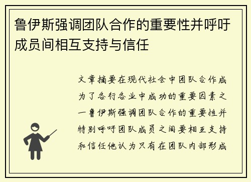 鲁伊斯强调团队合作的重要性并呼吁成员间相互支持与信任